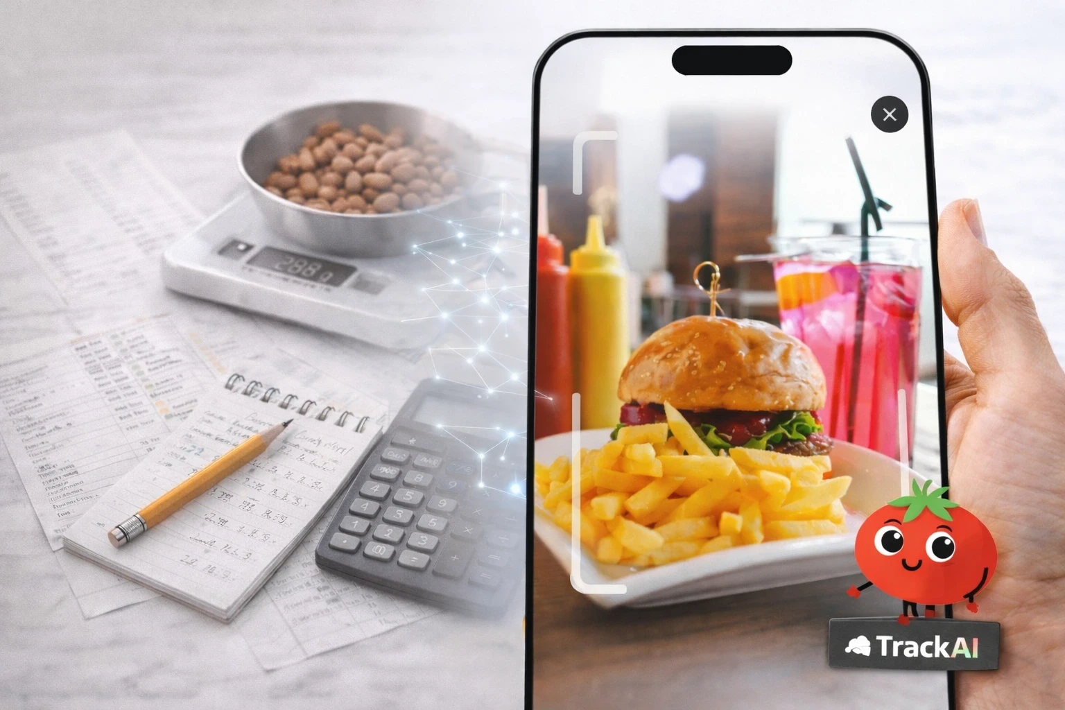 AI-powered calorie recognition from a food photo, illustrating how taking a picture can instantly provide nutritional information.