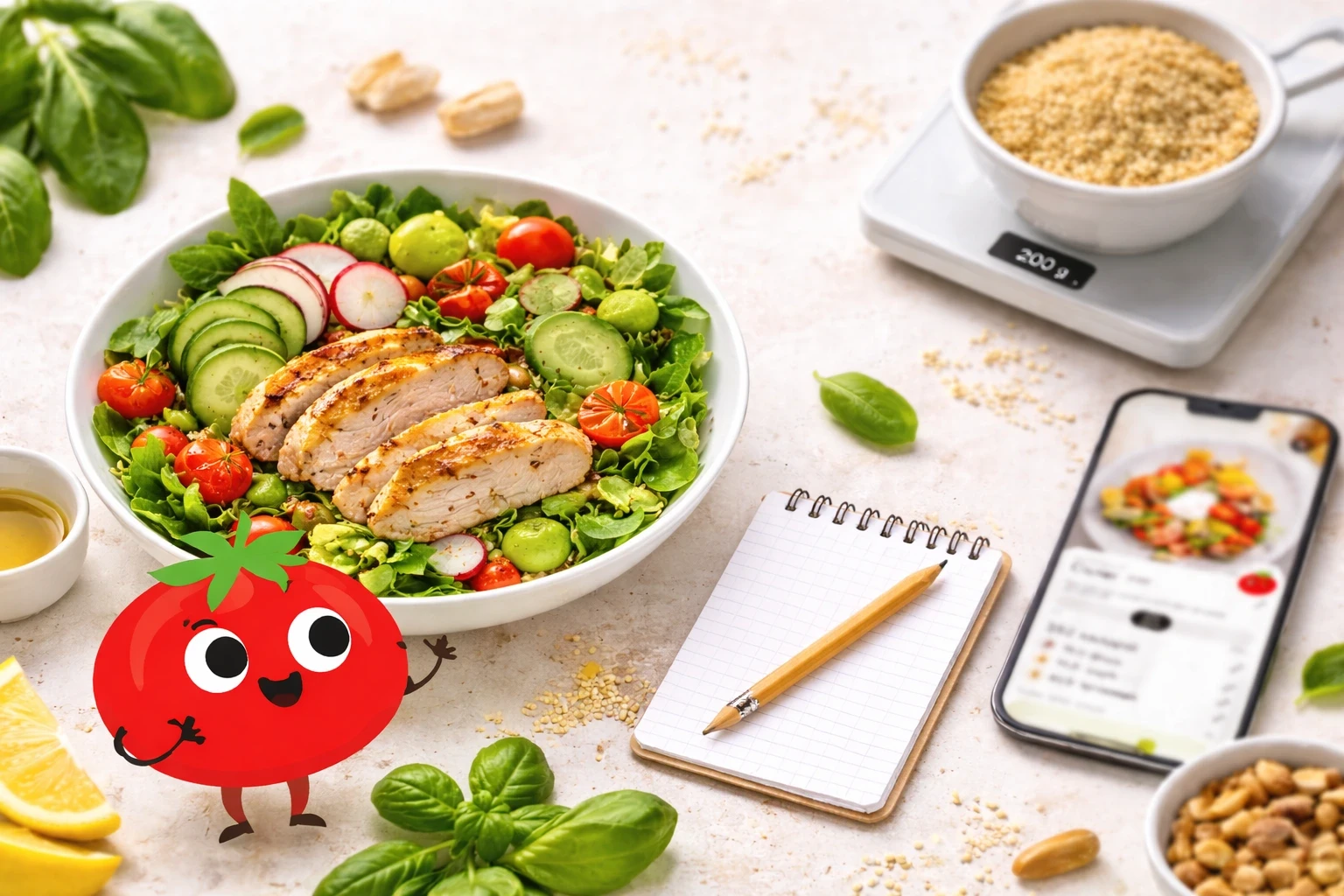 Chicken salad, ingredients on a scale, and smartphone used to calculate calorie deficit for weight loss with TrackAI.